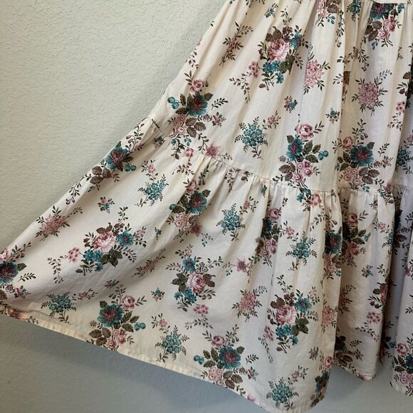 ANNA MASON Maxi Skirt Beige Floral Tiered Flare Cotton Peasant Fairy - Picture 5 of 11